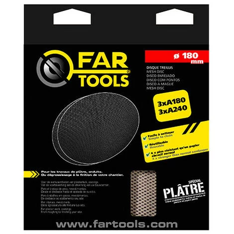 FARTOOLS 6 Disques Traillis Abrasifs Auto-agrippant D. 180 Mm Grain 3x180 + 3x240 - Spécial Plâtre 2 FARTOOLS 6 Disques Traillis Abrasifs Auto-agrippant D. 180 Mm Grain 3x180 + 3x240 - Spécial Plâtre – Image 2